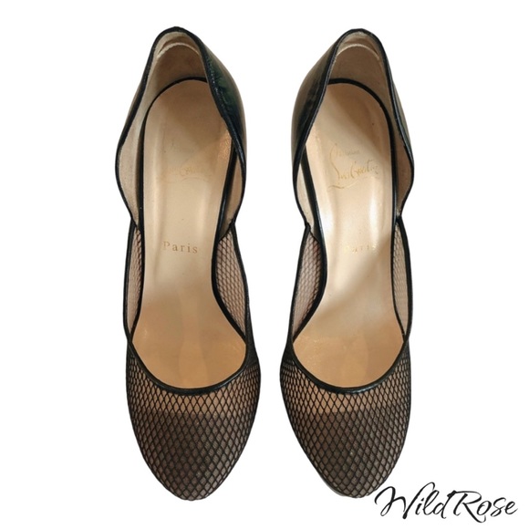 CHRISTIAN LOUBOUTIN Black Leather & Fishnet Mesh Platform Pumps SZ 38 - Picture 5 of 17